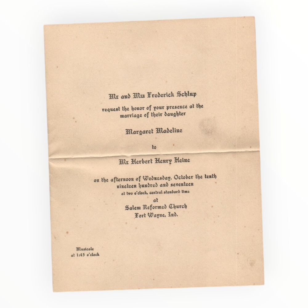 Antique 1917 Wedding Invitation Margaret Madeline‎ Schlup Herbert Henry Heine